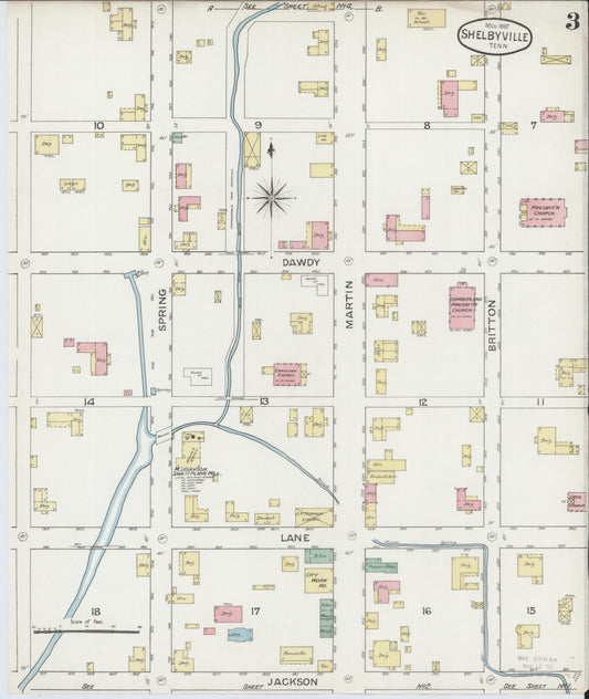 Sanborn Fire Insurance Map from Shelbyville, Bedford County, Tennessee (1887), Sheet #0003 - Historic Sanborn Fire Insurance Map Print, vintage old map wall art, antique decor, genealogy gift, Tennessee Tennessee map