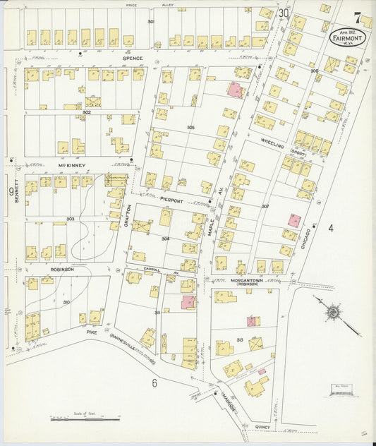 Sanborn Fire Insurance Map from Fairmont, Marion County, West Virginia (1912), Sheet #0007 - Historic Sanborn Fire Insurance Map Print, vintage old map wall art, antique decor, genealogy gift, West Virginia West Virginia map