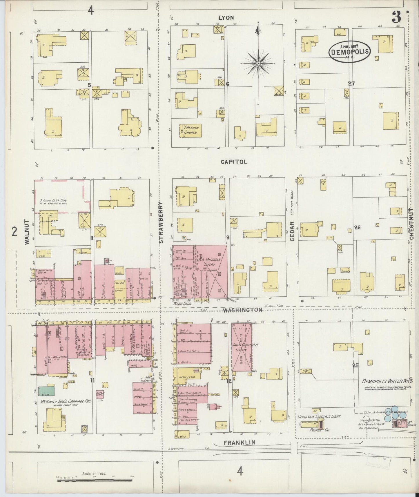 Sanborn Fire Insurance Map from Demopolis, Marengo County, Alabama (1897), Sheet #0003 - Complete Map Set gallery image, historic Sanborn map, vintage wall art, Alabama Alabama