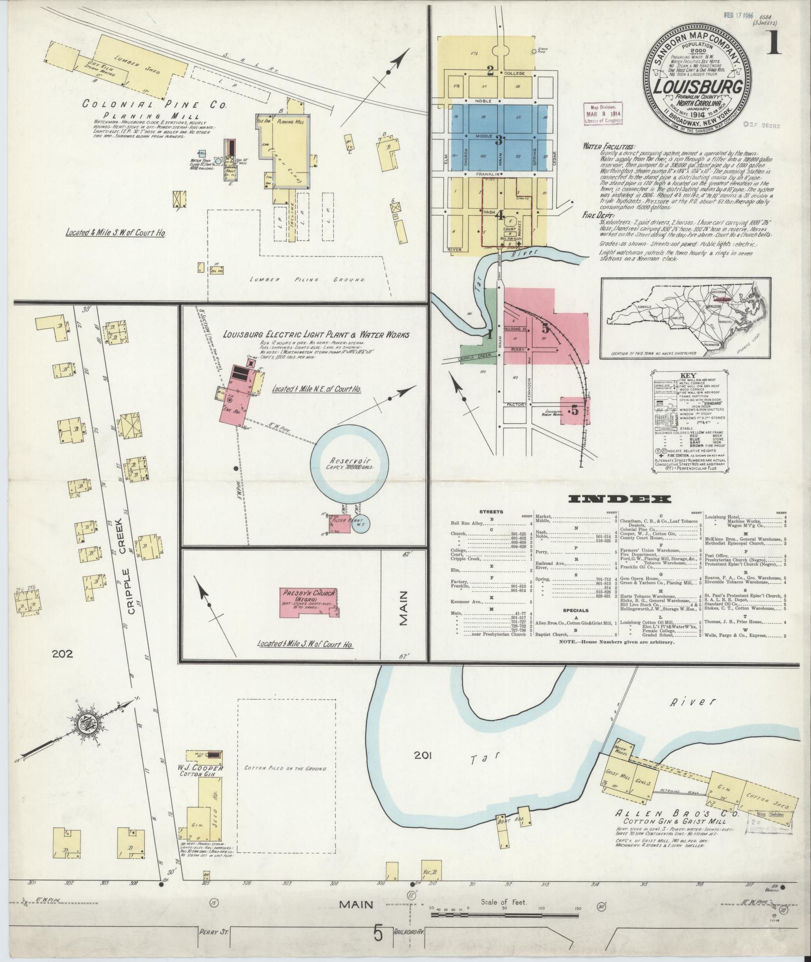 Sanborn Fire Insurance Map from Louisburg, Franklin County, North Carolina (1914), Sheet #0001 - Complete Map Set gallery image, historic Sanborn map, vintage wall art, North Carolina North Carolina