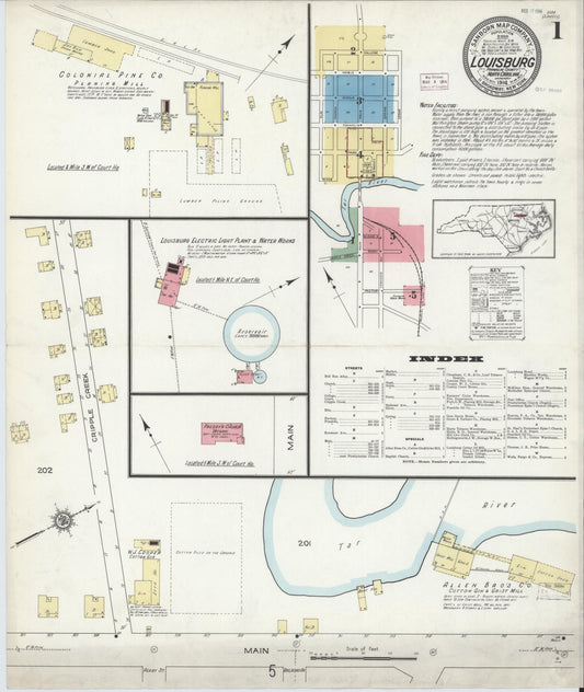 Sanborn Fire Insurance Map from Louisburg, Franklin County, North Carolina (1914), Sheet #0001 - Complete Map Set gallery image, historic Sanborn map, vintage wall art, North Carolina North Carolina