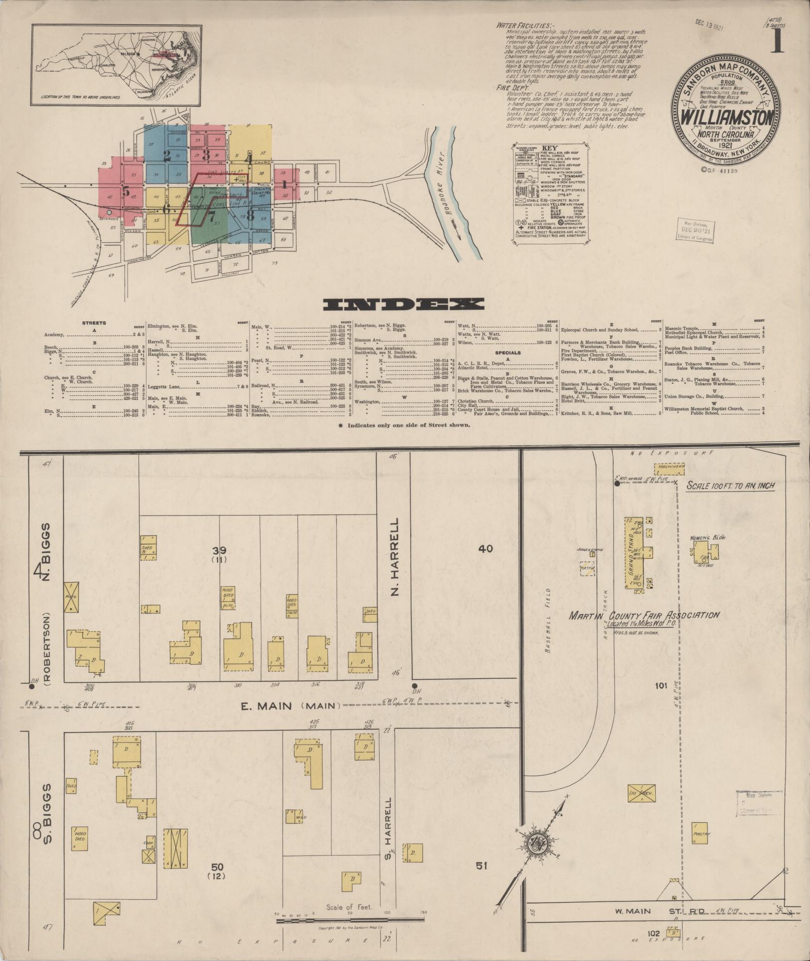 Sanborn Fire Insurance Map from Williamston, Martin County, North Carolina (1921), Sheet #0001 - Complete Map Set gallery image, historic Sanborn map, vintage wall art, North Carolina North Carolina