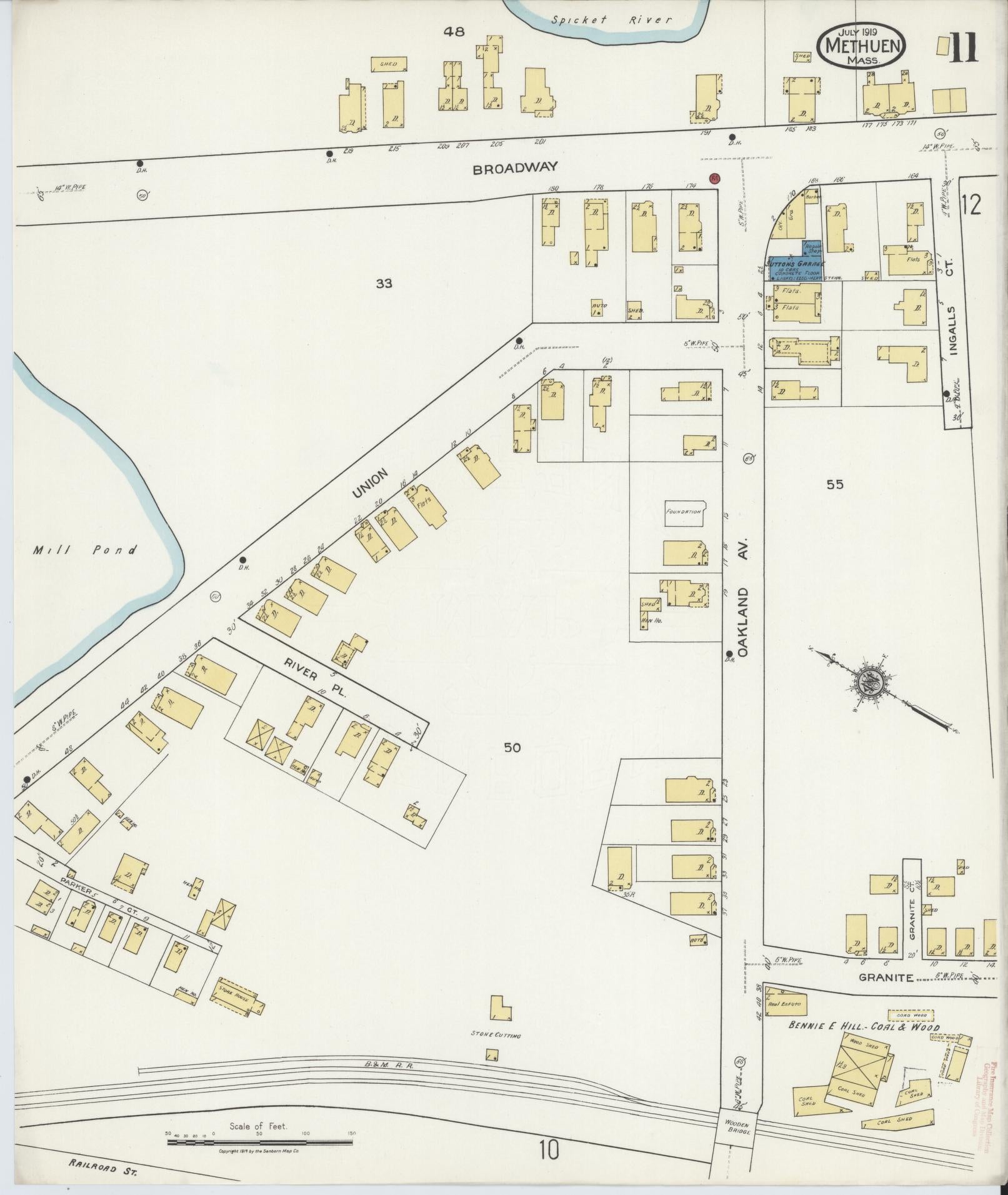 Sanborn Fire Insurance Map from Methuen, Essex County, Massachusetts (1919), Sheet #0011 - Historic Sanborn Fire Insurance Map Print, vintage old map wall art, antique decor, genealogy gift, Massachusetts Massachusetts map