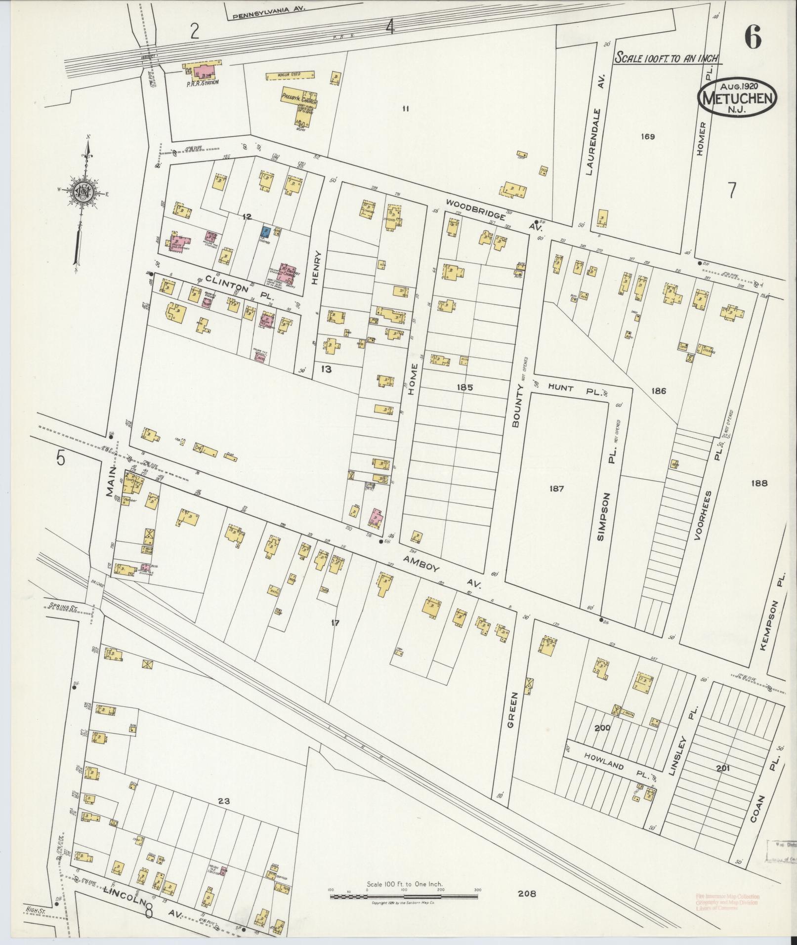 Sanborn Fire Insurance Map from Metuchen, Middlesex County, New Jersey (1920), Sheet #0006 - Historic Sanborn Fire Insurance Map Print, vintage old map wall art, antique decor, genealogy gift, New Jersey New Jersey map