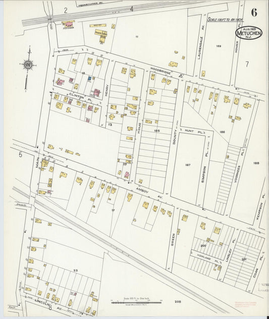 Sanborn Fire Insurance Map from Metuchen, Middlesex County, New Jersey (1920), Sheet #0006 - Historic Sanborn Fire Insurance Map Print, vintage old map wall art, antique decor, genealogy gift, New Jersey New Jersey map