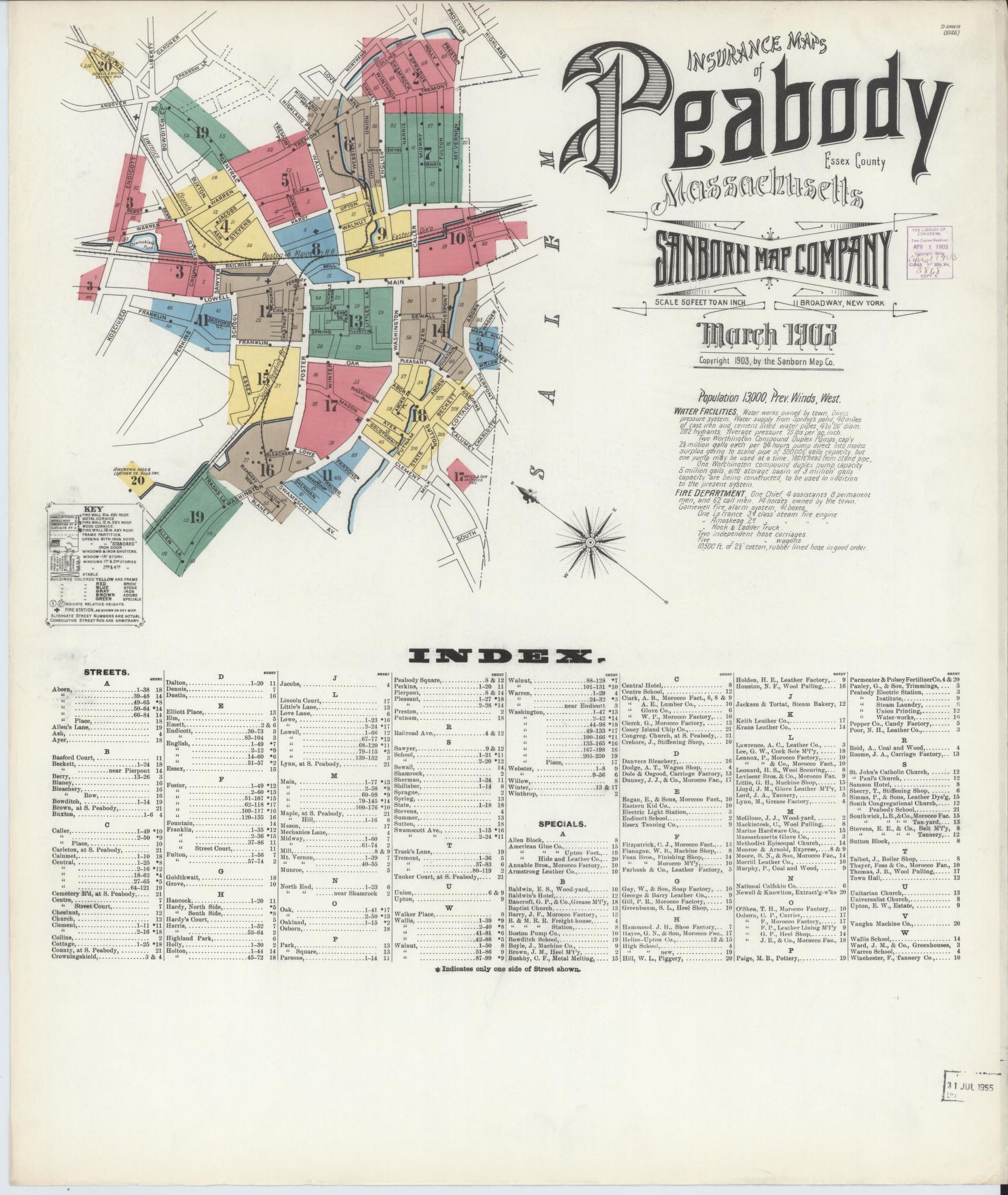 Sanborn Fire Insurance Map from Peabody, Essex County, Massachusetts (1903), Sheet #0001 - Complete Map Set gallery image, historic Sanborn map, vintage wall art, Massachusetts Massachusetts