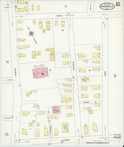 Sanborn Fire Insurance Map from Greenfield, Franklin County, Massachusetts (1909), Sheet #0015 - Complete Map Set gallery image, historic Sanborn map, vintage wall art, Massachusetts Massachusetts