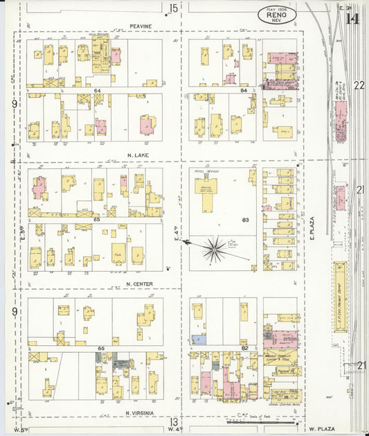 Sanborn Fire Insurance Map from Reno, Washoe County, Nevada (1906), Sheet #0014 - Historic Sanborn Fire Insurance Map Print, vintage old map wall art, antique decor, genealogy gift, Nevada Nevada map
