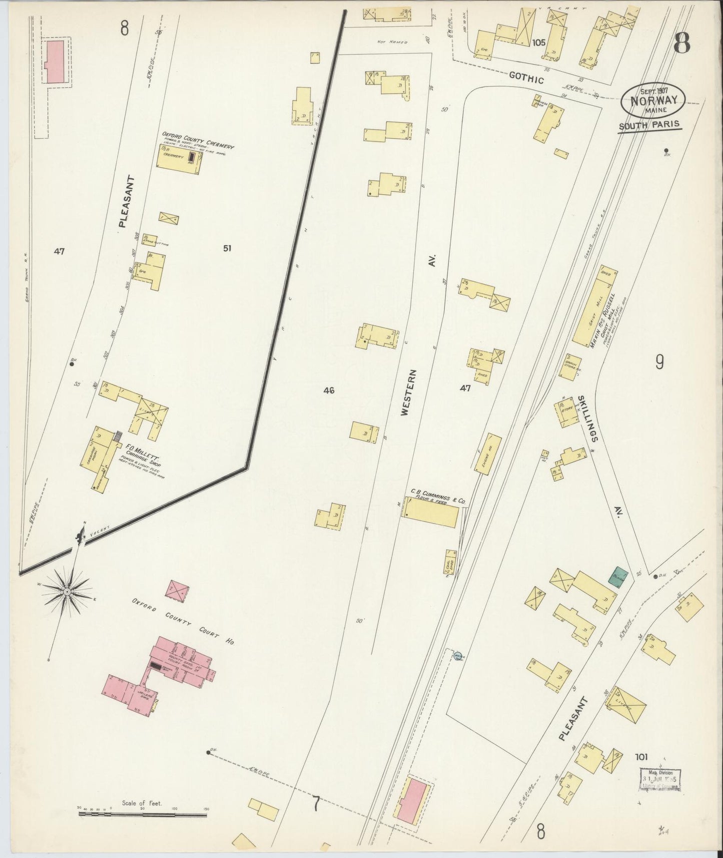 Sanborn Fire Insurance Map from Norway, Oxford County, Maine (1907), Sheet #0008 - Historic Sanborn Fire Insurance Map Print, vintage old map wall art, antique decor, genealogy gift, Maine Maine map