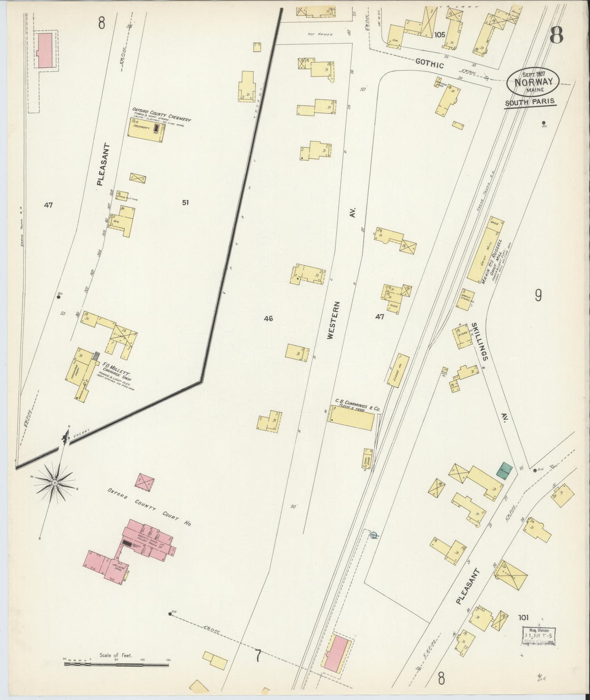 Sanborn Fire Insurance Map from Norway, Oxford County, Maine (1907), Sheet #0008 - Historic Sanborn Fire Insurance Map Print, vintage old map wall art, antique decor, genealogy gift, Maine Maine map