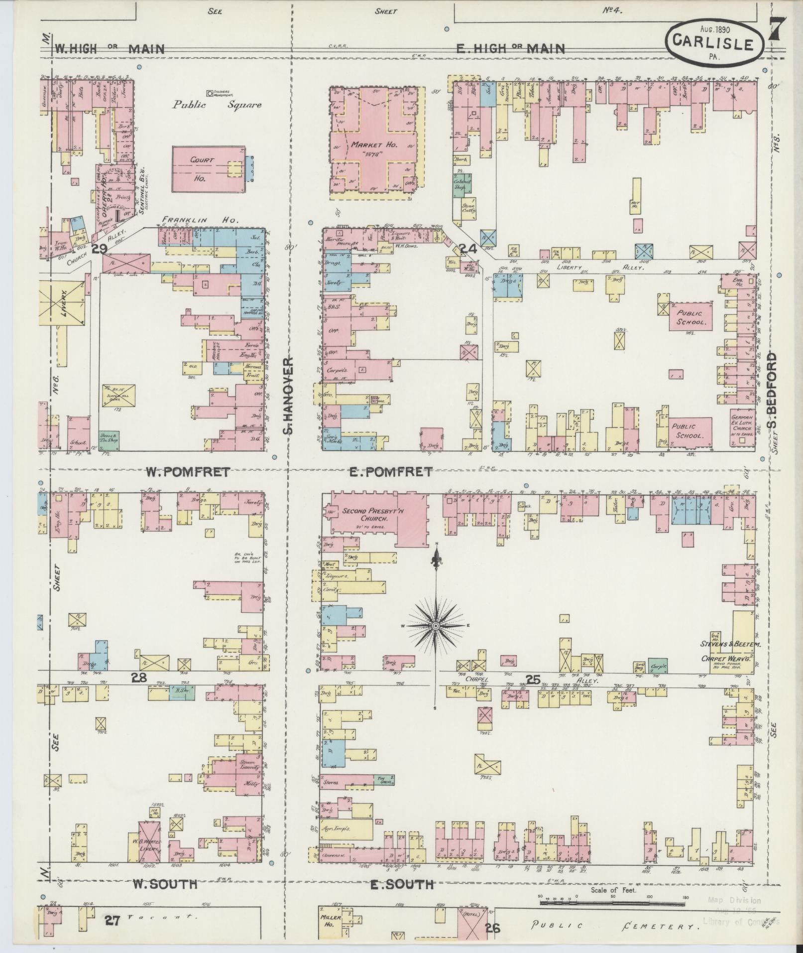 Sanborn Fire Insurance Map from Carlisle, Cumberland County, Pennsylvania (1890), Sheet #0007 - Historic Sanborn Fire Insurance Map Print, vintage old map wall art, antique decor, genealogy gift, Pennsylvania Pennsylvania map
