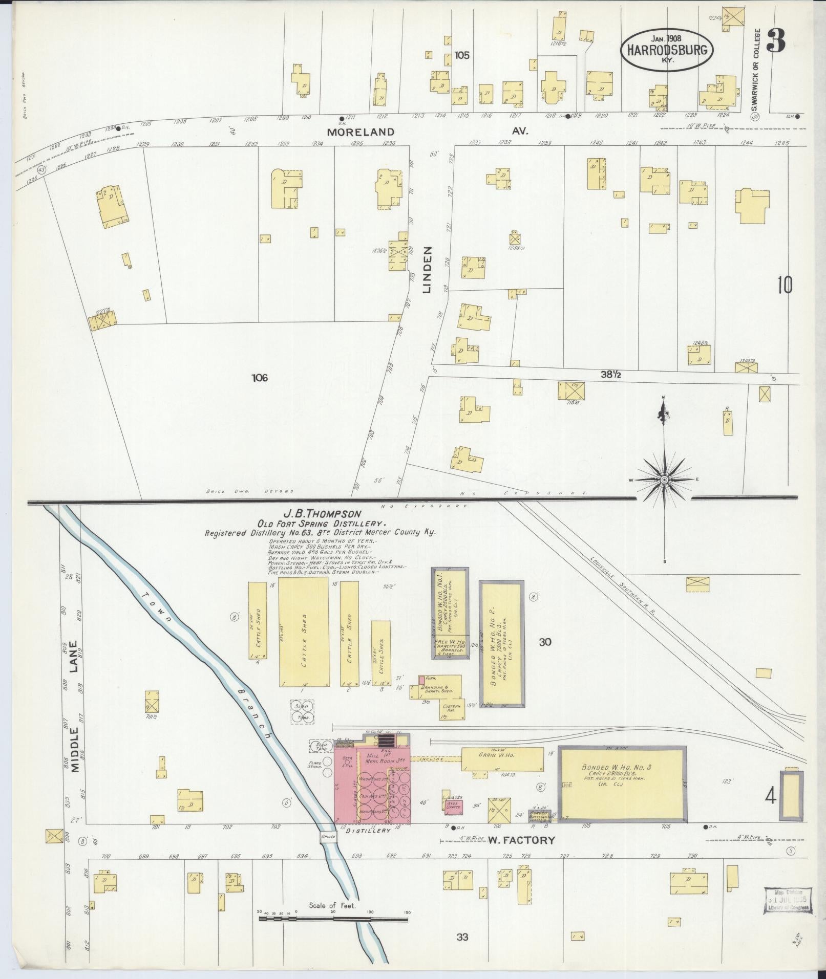 Sanborn Fire Insurance Map from Harrodsburg, Mercer County, Kentucky (1908), Sheet #0003 - Historic Sanborn Fire Insurance Map Print, vintage old map wall art, antique decor, genealogy gift, Kentucky Kentucky map