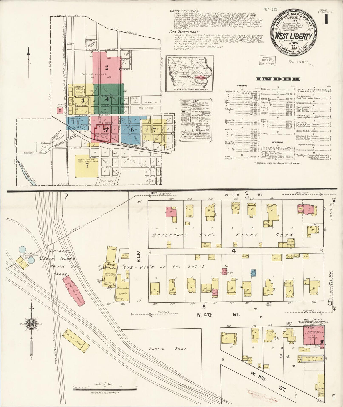 Sanborn Fire Insurance Map from West Liberty, Muscatine County, Iowa (1922), Sheet #0001 - Historic Sanborn Fire Insurance Map Print, vintage old map wall art