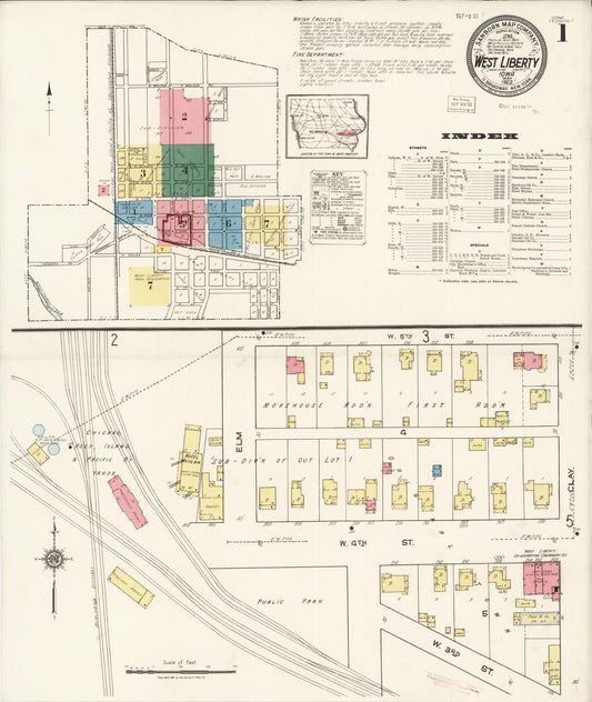 Sanborn Fire Insurance Map from West Liberty, Muscatine County, Iowa (1922), Sheet #0001 - Historic Sanborn Fire Insurance Map Print, vintage old map wall art