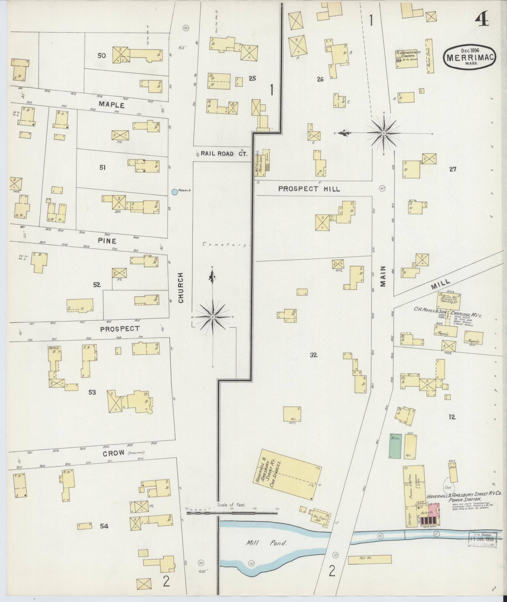 Sanborn Fire Insurance Map from Merrimac, Essex County, Massachusetts (1896), Sheet #0004 - Historic Sanborn Fire Insurance Map Print, vintage old map wall art, antique decor, genealogy gift, Massachusetts Massachusetts map