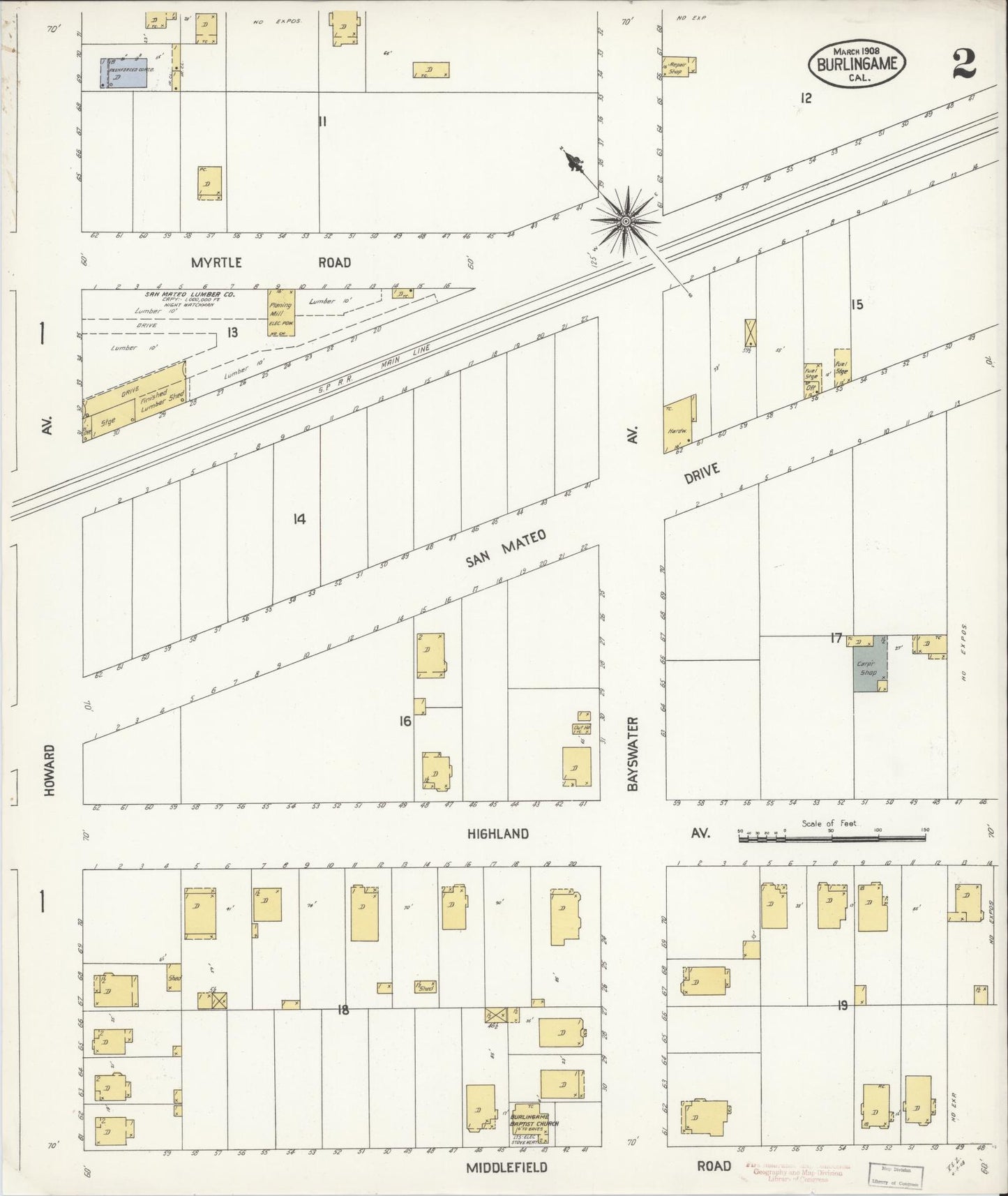 Sanborn Fire Insurance Map from Burlingame, San Mateo County, California (1908), Sheet #0002 - Historic Sanborn Fire Insurance Map Print, vintage old map wall art, antique decor, genealogy gift, California California map