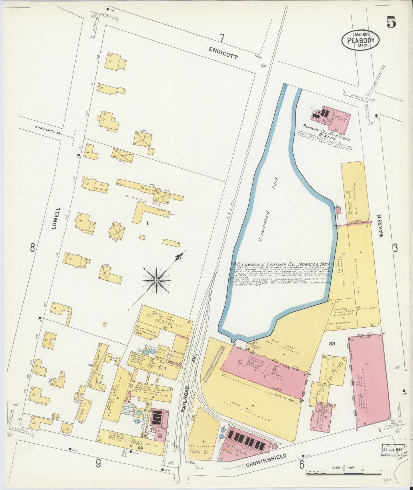 Sanborn Fire Insurance Map from Peabody, Essex County, Massachusetts (1907), Sheet #0005 - Historic Sanborn Fire Insurance Map Print, vintage old map wall art, antique decor, genealogy gift, Massachusetts Massachusetts map