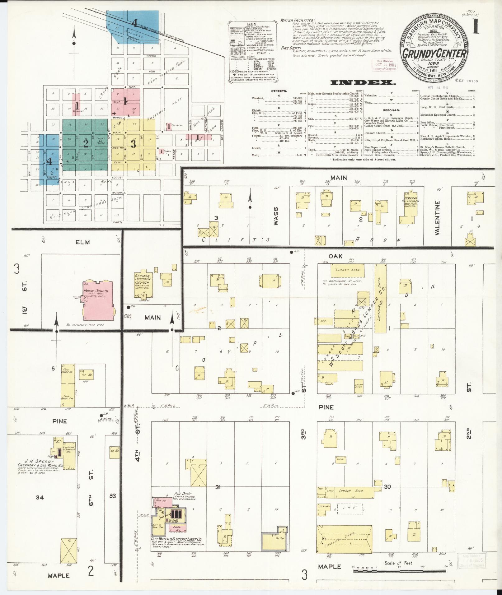 Sanborn Fire Insurance Map from Grundy Center, Grundy County, Iowa (1911), Sheet #0001 - Historic Sanborn Fire Insurance Map Print, vintage old map wall art