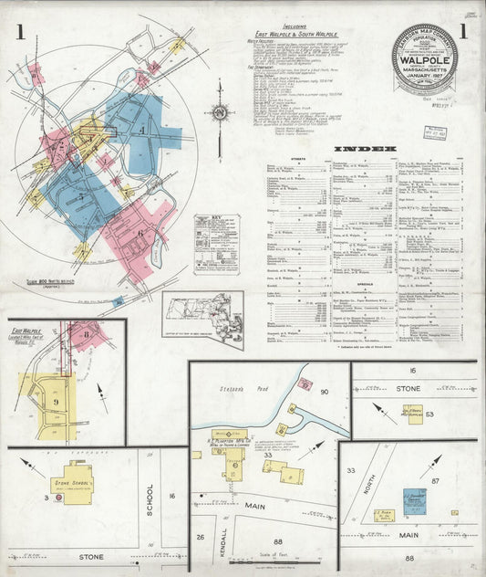 Sanborn Fire Insurance Map from Walpole, Norfolk County, Massachusetts (1927), Sheet #0001 - Historic Sanborn Fire Insurance Map Print, vintage old map wall art, antique decor, genealogy gift, Massachusetts Massachusetts map