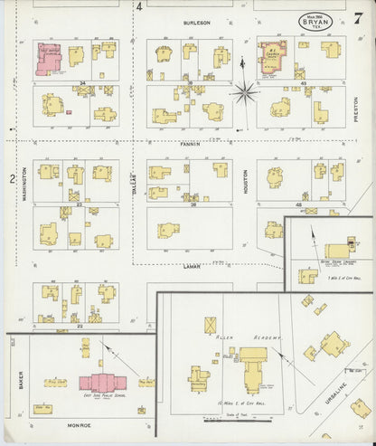 Sanborn Fire Insurance Map from Bryan, Brazos County, Texas (1906), Sheet #0007 - Historic Sanborn Fire Insurance Map Print, vintage old map wall art, antique decor, genealogy gift, Texas Texas map