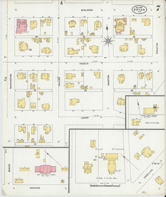 Sanborn Fire Insurance Map from Bryan, Brazos County, Texas (1906), Sheet #0007 - Historic Sanborn Fire Insurance Map Print, vintage old map wall art, antique decor, genealogy gift, Texas Texas map