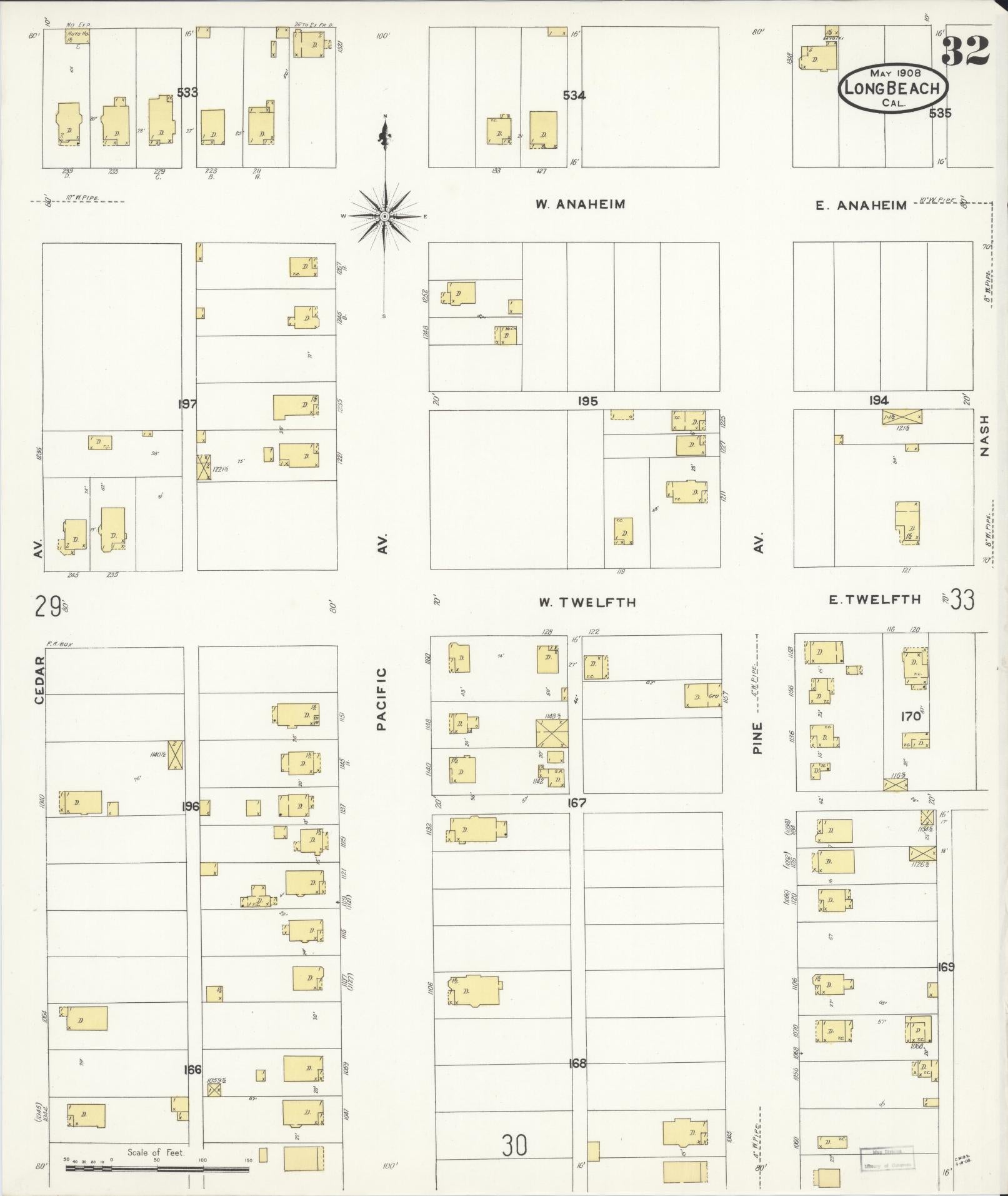 Sanborn Fire Insurance Map from Long Beach, Los Angeles County, California (1908), Sheet #0032 - Historic Sanborn Fire Insurance Map Print, vintage old map wall art, antique decor, genealogy gift, California California map