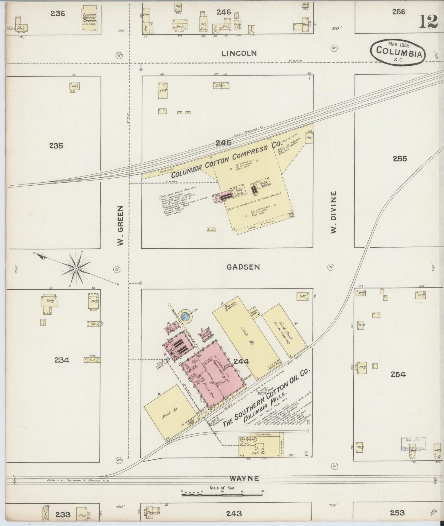 Sanborn Fire Insurance Map from Columbia, Richland County, South Carolina (1888), Sheet #0012 - Complete Map Set gallery image, historic Sanborn map, vintage wall art, South Carolina South Carolina