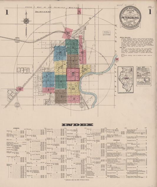 Sanborn Fire Insurance Map from Petersburg, Menard County, Illinois (1922), Sheet #0001 - Complete Map Set gallery image, historic Sanborn map, vintage wall art, Illinois Illinois