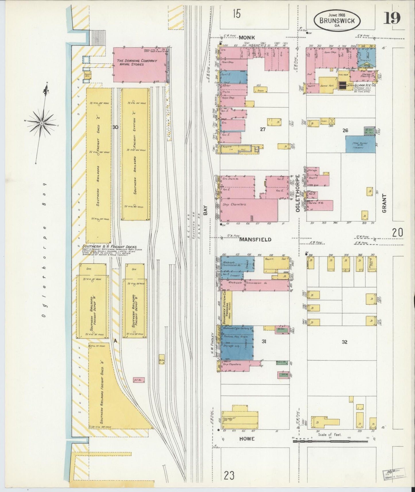 Sanborn Fire Insurance Map from Brunswick, Glynn County, Georgia (1908), Sheet #0019 - Complete Map Set gallery image, historic Sanborn map, vintage wall art, Georgia Georgia