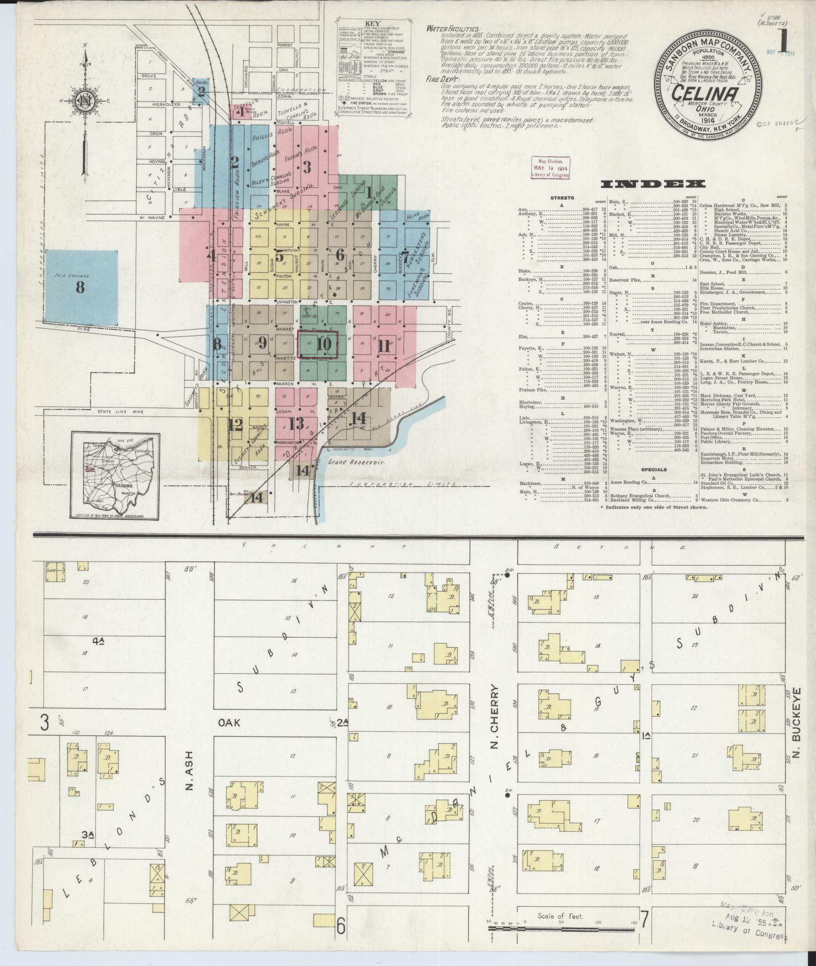 Sanborn Fire Insurance Map from Celina, Mercer County, Ohio (1914), Sheet #0001 - Complete Map Set gallery image, historic Sanborn map, vintage wall art, Ohio Ohio