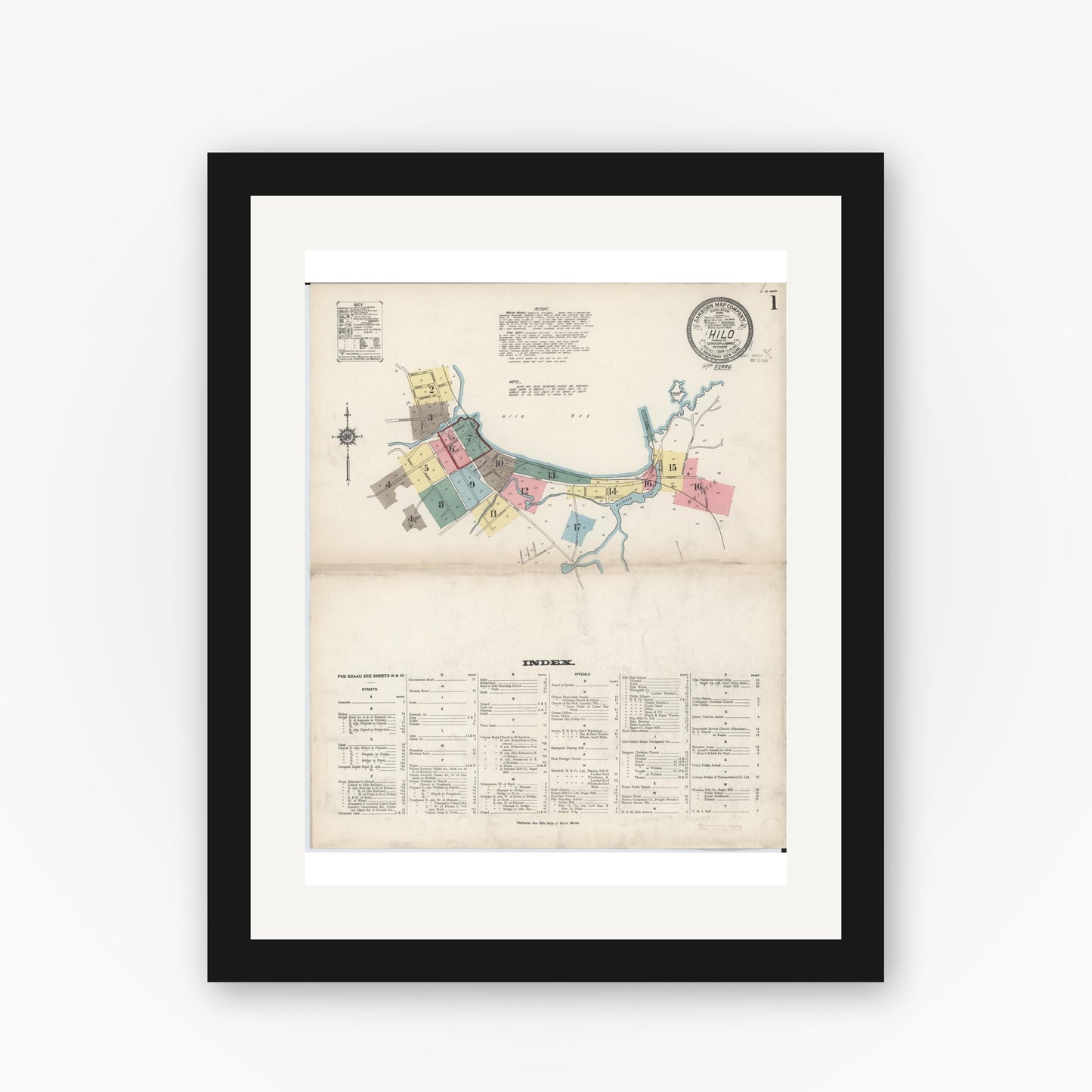 Old map wall art mockup — black gallery frame with white mat — Sanborn Fire Insurance Map from Hilo, Hawaii County, Hawaii (1914), Sheet #0001
