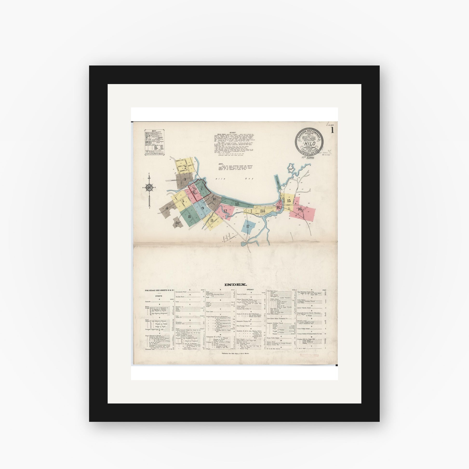 Old map wall art mockup — black gallery frame with white mat — Sanborn Fire Insurance Map from Hilo, Hawaii County, Hawaii (1914), Sheet #0001