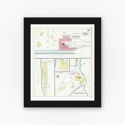 Old map wall art mockup — black gallery frame with white mat — Sanborn Fire Insurance Map from Carthage, Jefferson County, New York (1908), Sheet #0013