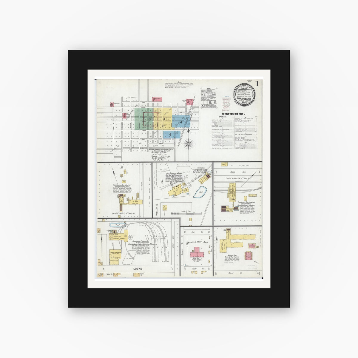 Old map wall art mockup — black gallery frame with white mat — Sanborn Fire Insurance Map from Harrisburg, Saline County, Illinois (1900) - Complete Map Set