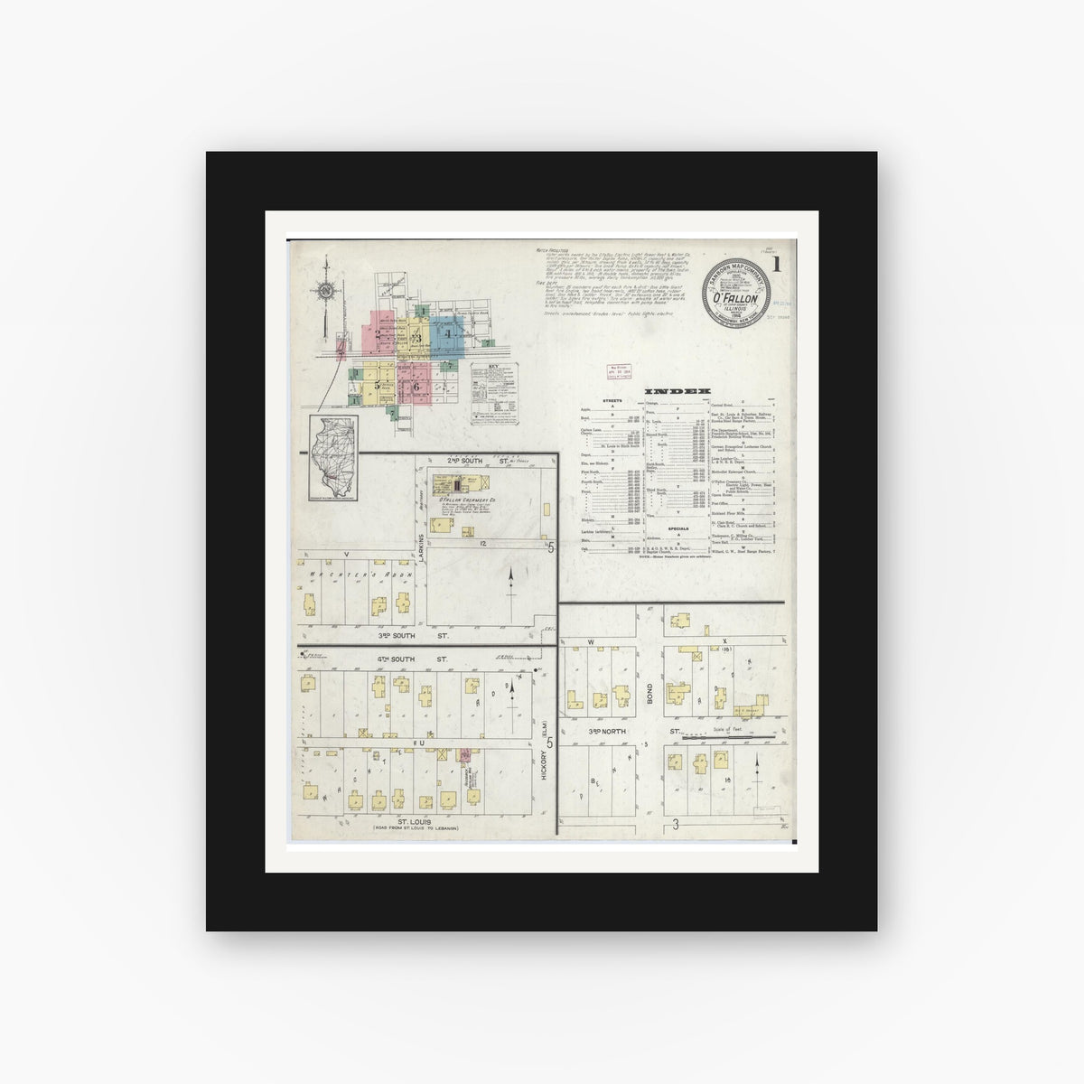 Old map wall art mockup — black gallery frame with white mat — Sanborn Fire Insurance Map from O'Fallon, Saint Clair County, Illinois (1914) - Complete Map Set