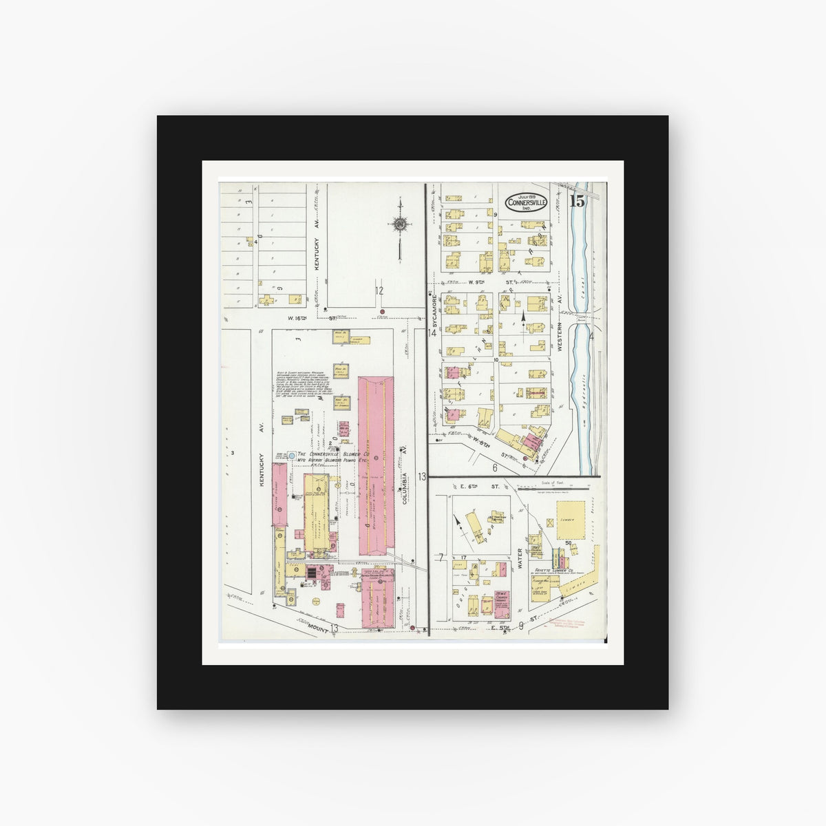 Old map wall art mockup — black gallery frame with white mat — Sanborn Fire Insurance Map from Connersville, Fayette County, Indiana (1919), Sheet #0015