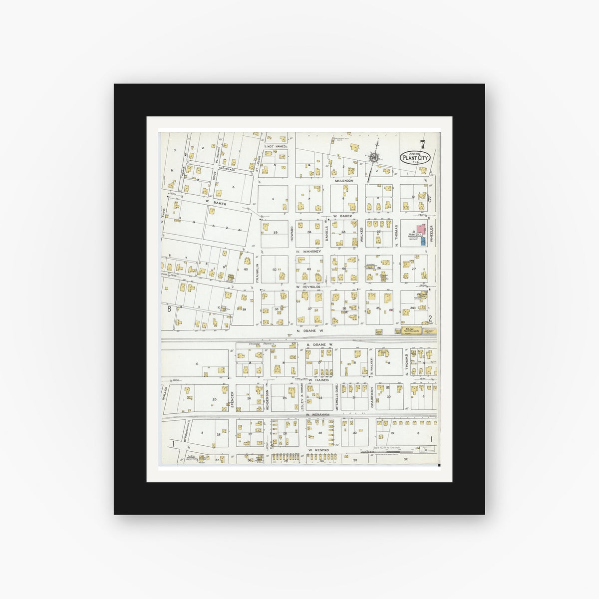 Old map wall art mockup — black gallery frame with white mat — Sanborn Fire Insurance Map from Plant City, Hillborough County, Florida (1919), Sheet #0007