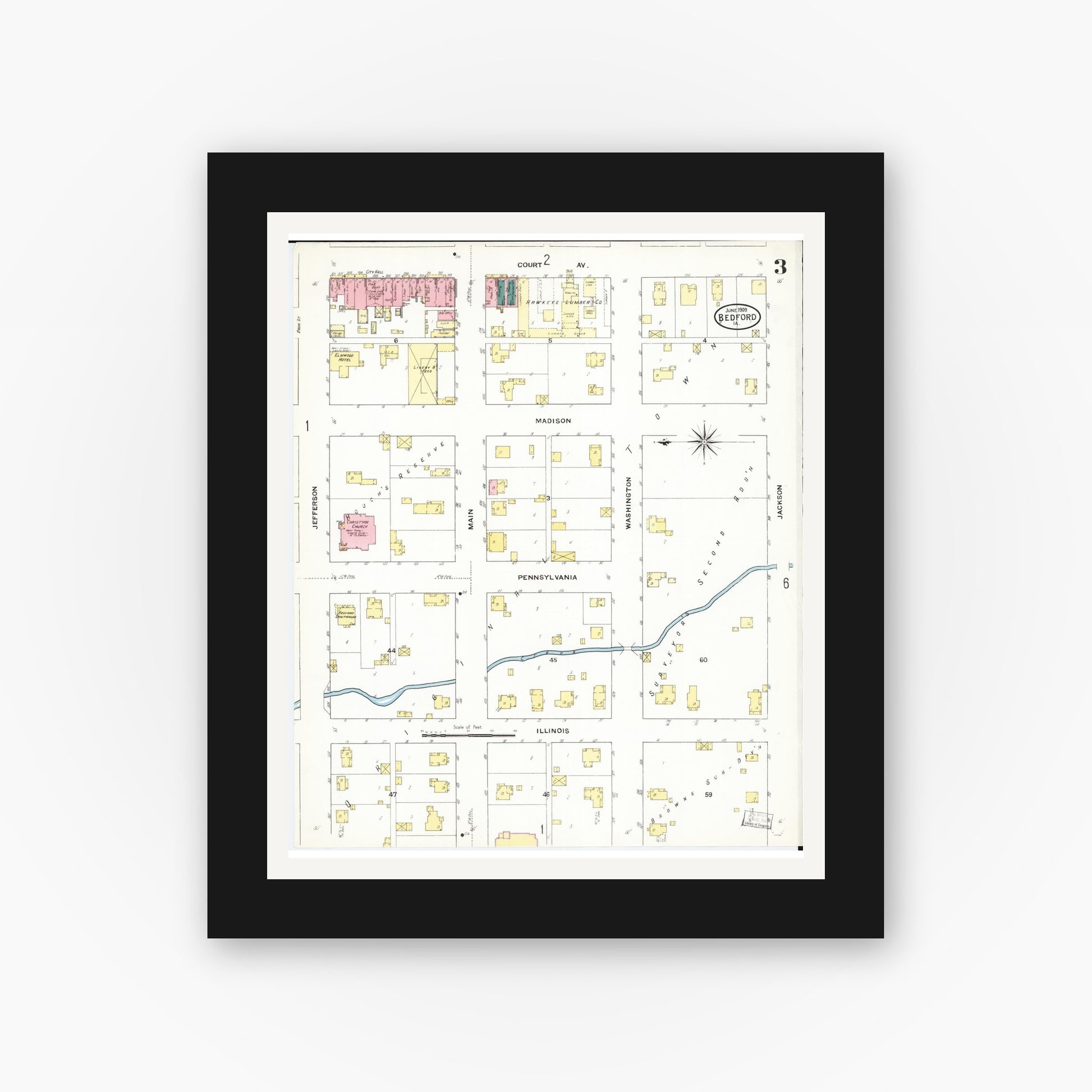 Old map wall art mockup — black gallery frame with white mat — Sanborn Fire Insurance Map from Bedford, Taylor County, Iowa (1909), Sheet #0003