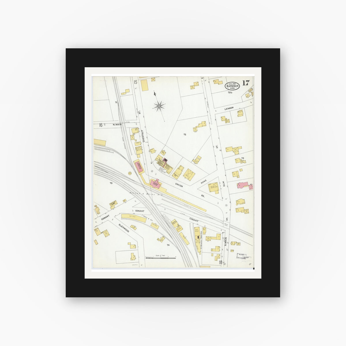 Old map wall art mockup — black gallery frame with white mat — Sanborn Fire Insurance Map from Gardner, Worcester County, Massachusetts (1905), Sheet #0017