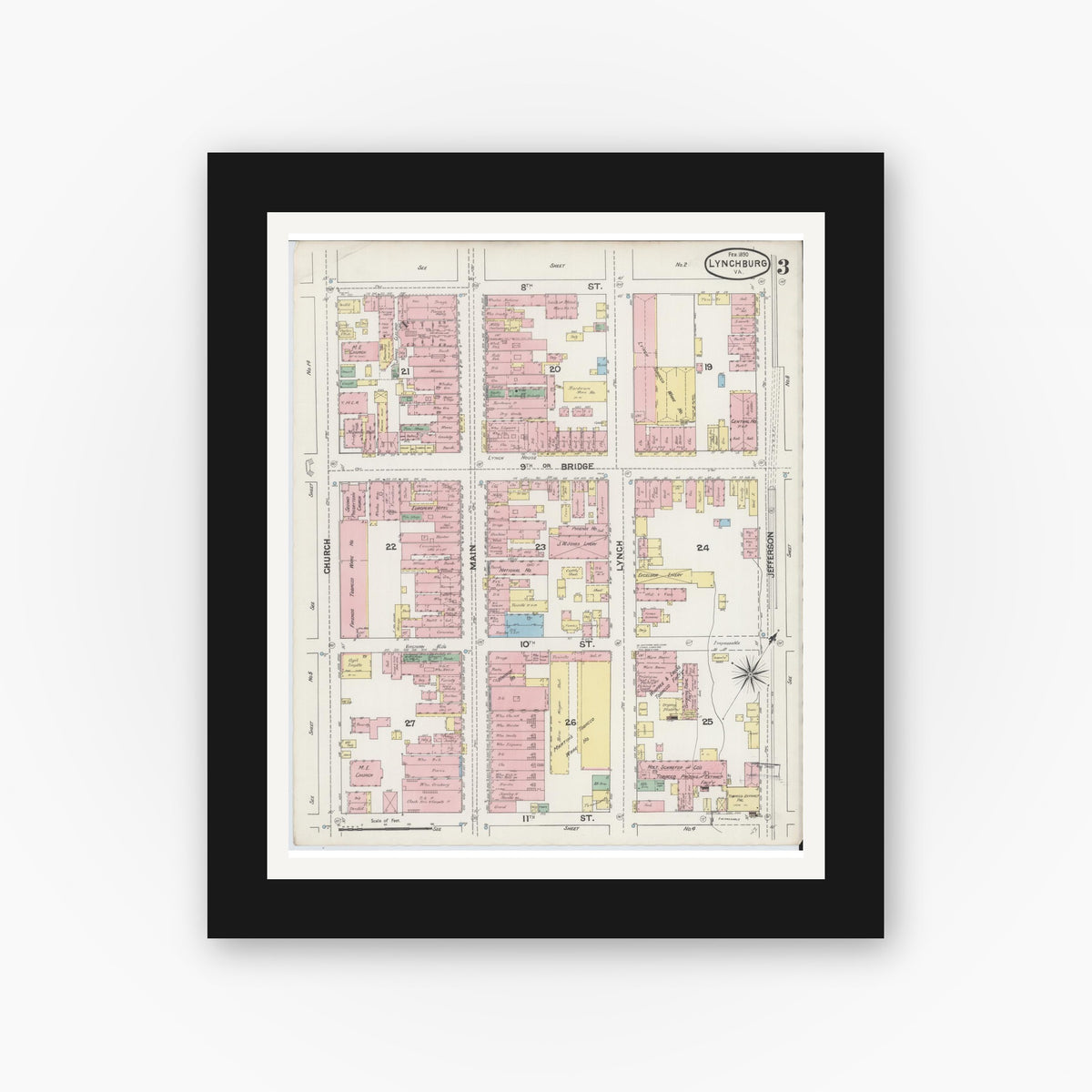 Old map wall art mockup — black gallery frame with white mat — Sanborn Fire Insurance Map from Lynchburg, Independent Cities, Virginia (1890), Sheet #0003
