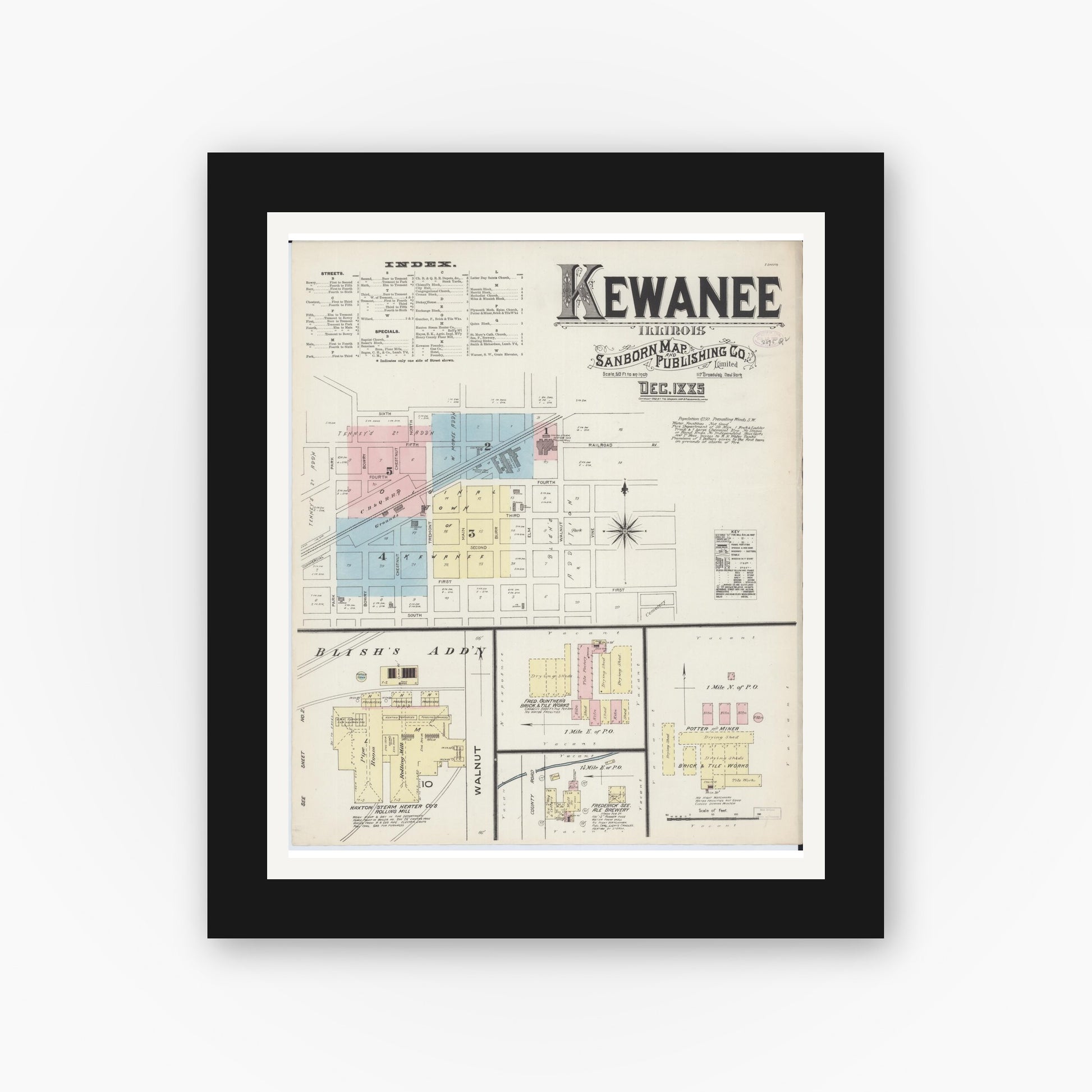 Old map wall art mockup — black gallery frame with white mat — Sanborn Fire Insurance Map from Kewanee, Henry County, Illinois (1885) - Complete Map Set