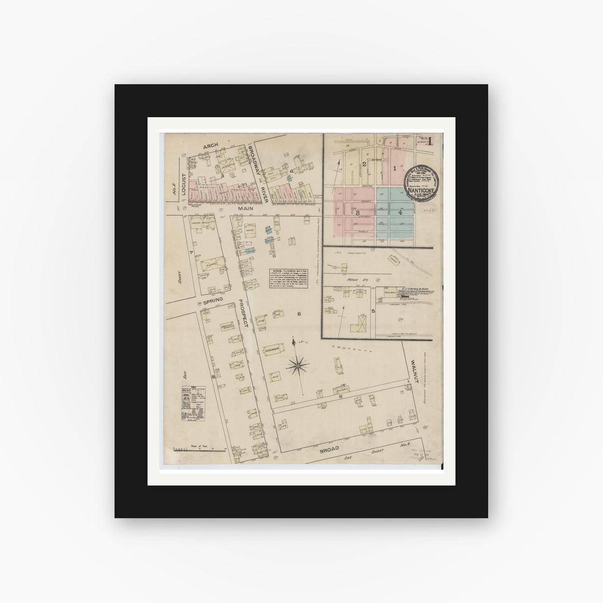 Old map wall art mockup — black gallery frame with white mat — Sanborn Fire Insurance Map from Nanticoke, Luzerne County, Pennsylvania (1884) - Complete Map Set