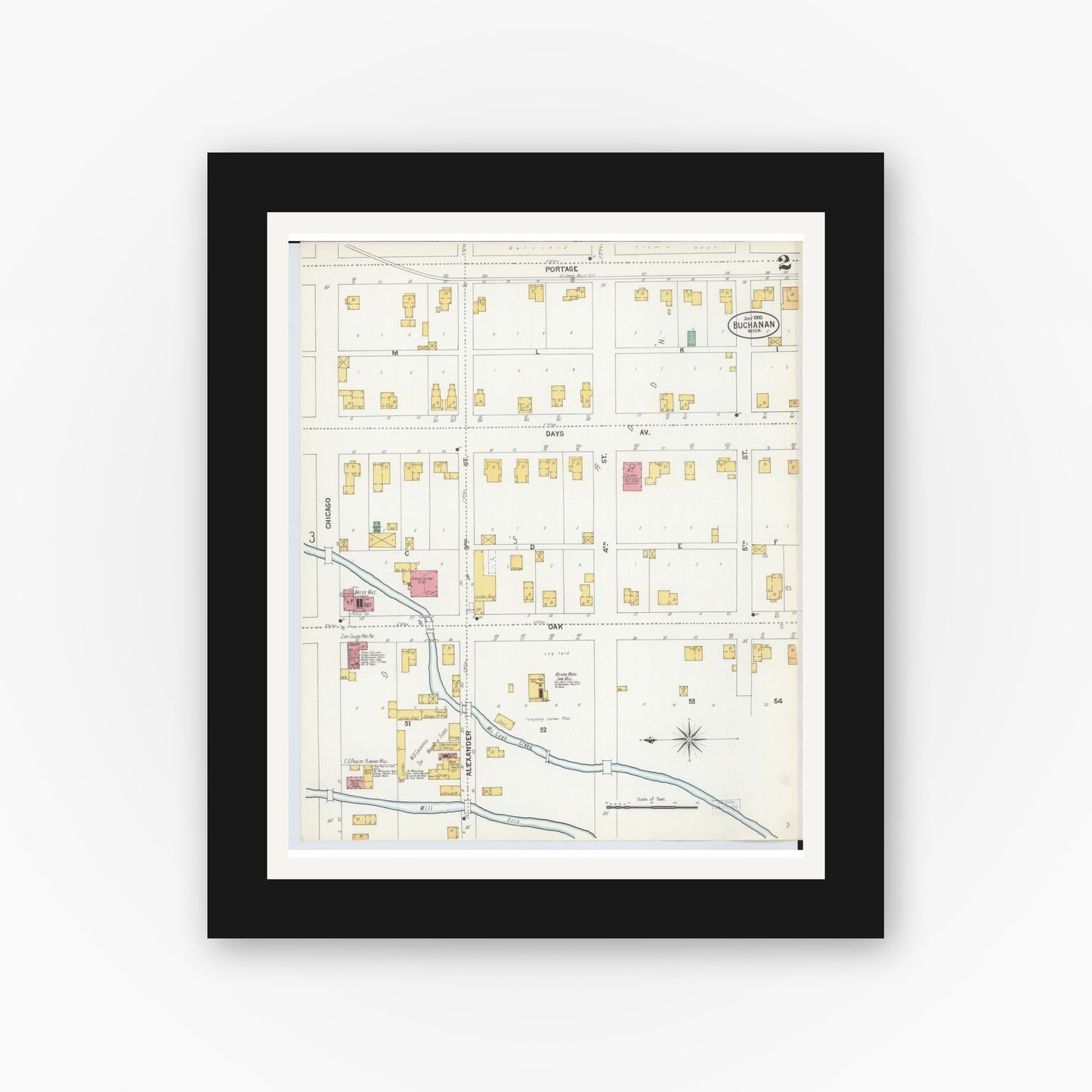 Old map wall art mockup — black gallery frame with white mat — Sanborn Fire Insurance Map from Buchanan, Berrien County, Michigan (1900), Sheet #0002