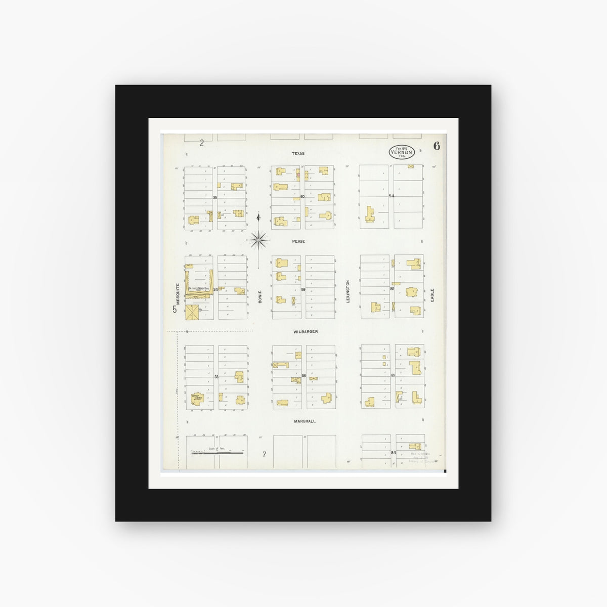Old map wall art mockup — black gallery frame with white mat — Sanborn Fire Insurance Map from Vernon, Wilbarger County, Texas (1902), Sheet #0006