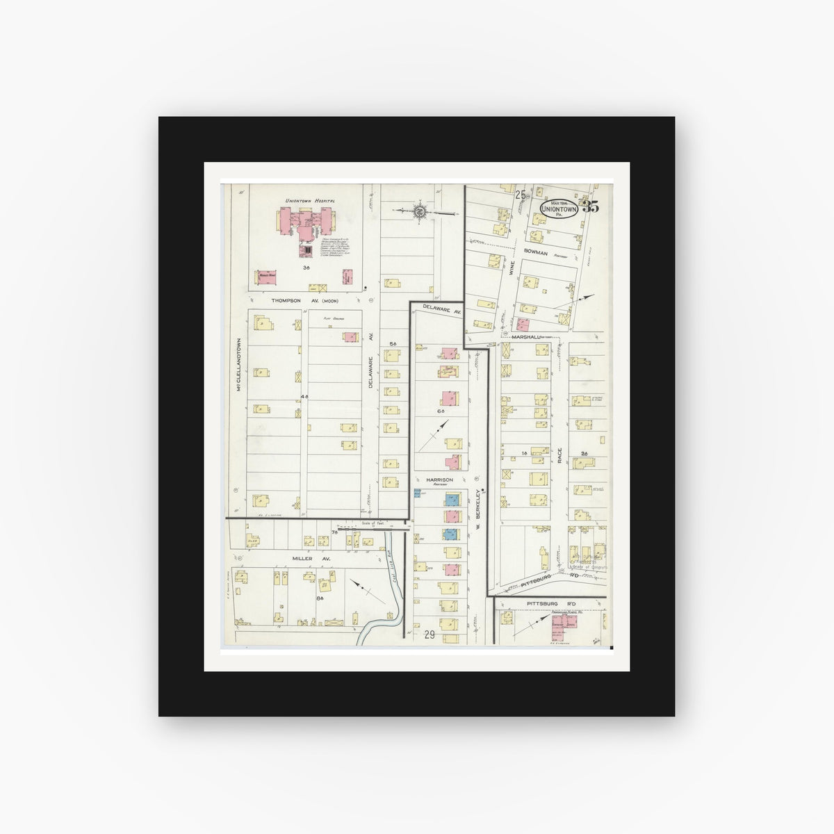Old map wall art mockup — black gallery frame with white mat — Sanborn Fire Insurance Map from Uniontown, Fayette County, Pennsylvania (1914), Sheet #0035