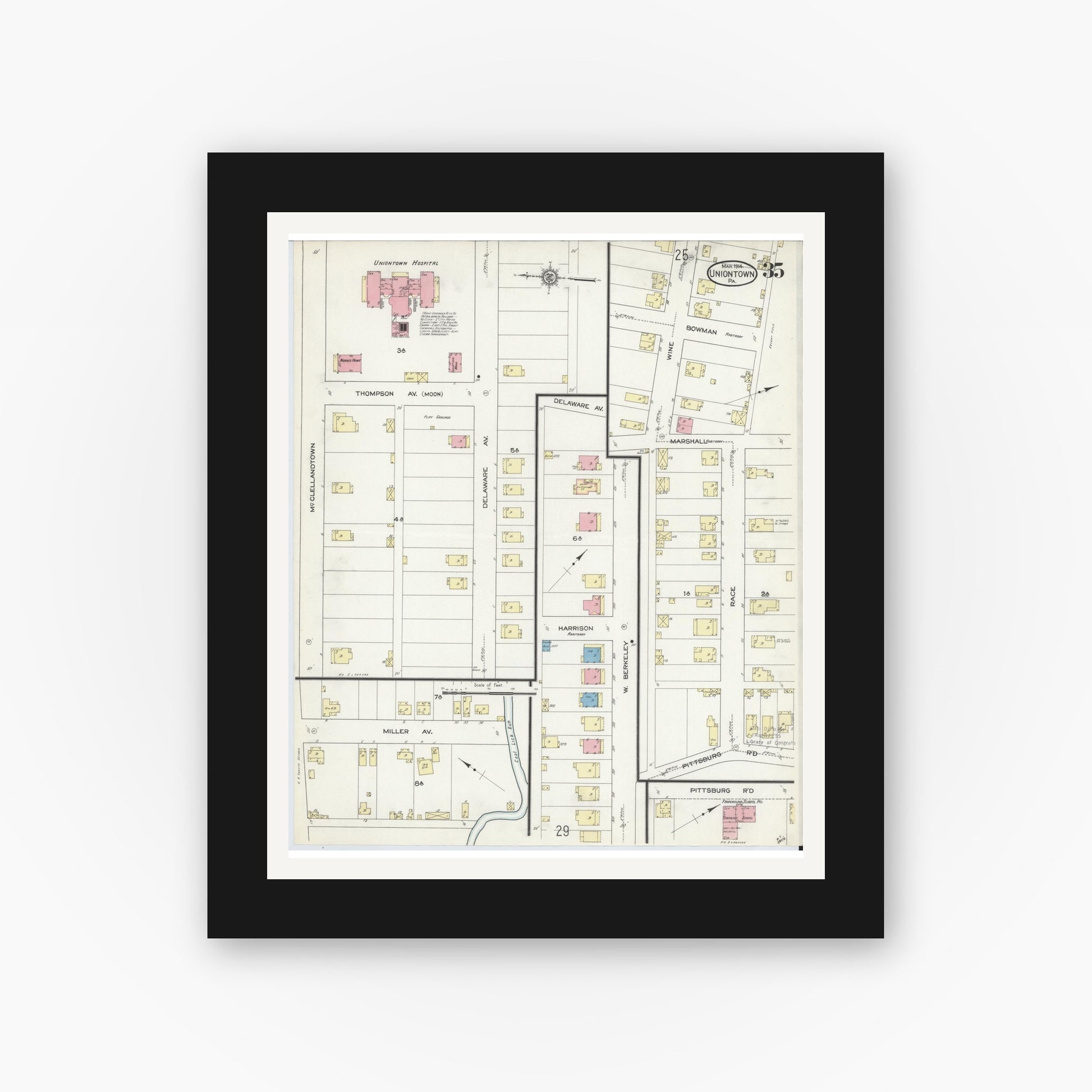 Old map wall art mockup — black gallery frame with white mat — Sanborn Fire Insurance Map from Uniontown, Fayette County, Pennsylvania (1914), Sheet #0035