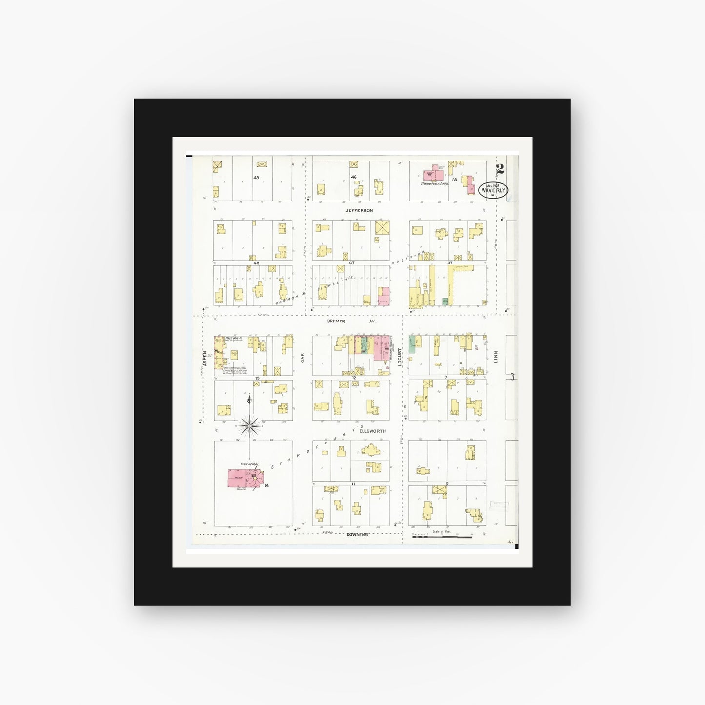Old map wall art mockup — black gallery frame with white mat — Sanborn Fire Insurance Map from Waverly, Bremer County, Iowa (1905), Sheet #0002