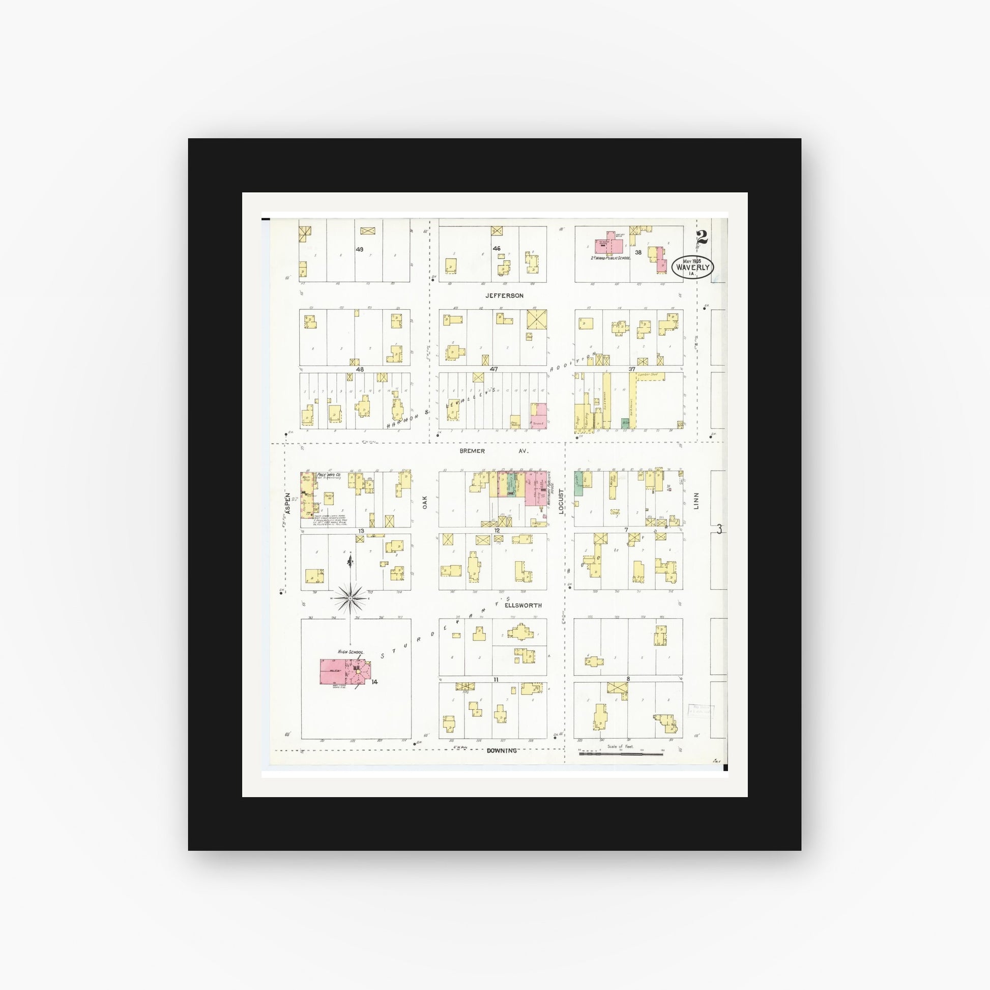 Old map wall art mockup — black gallery frame with white mat — Sanborn Fire Insurance Map from Waverly, Bremer County, Iowa (1905), Sheet #0002