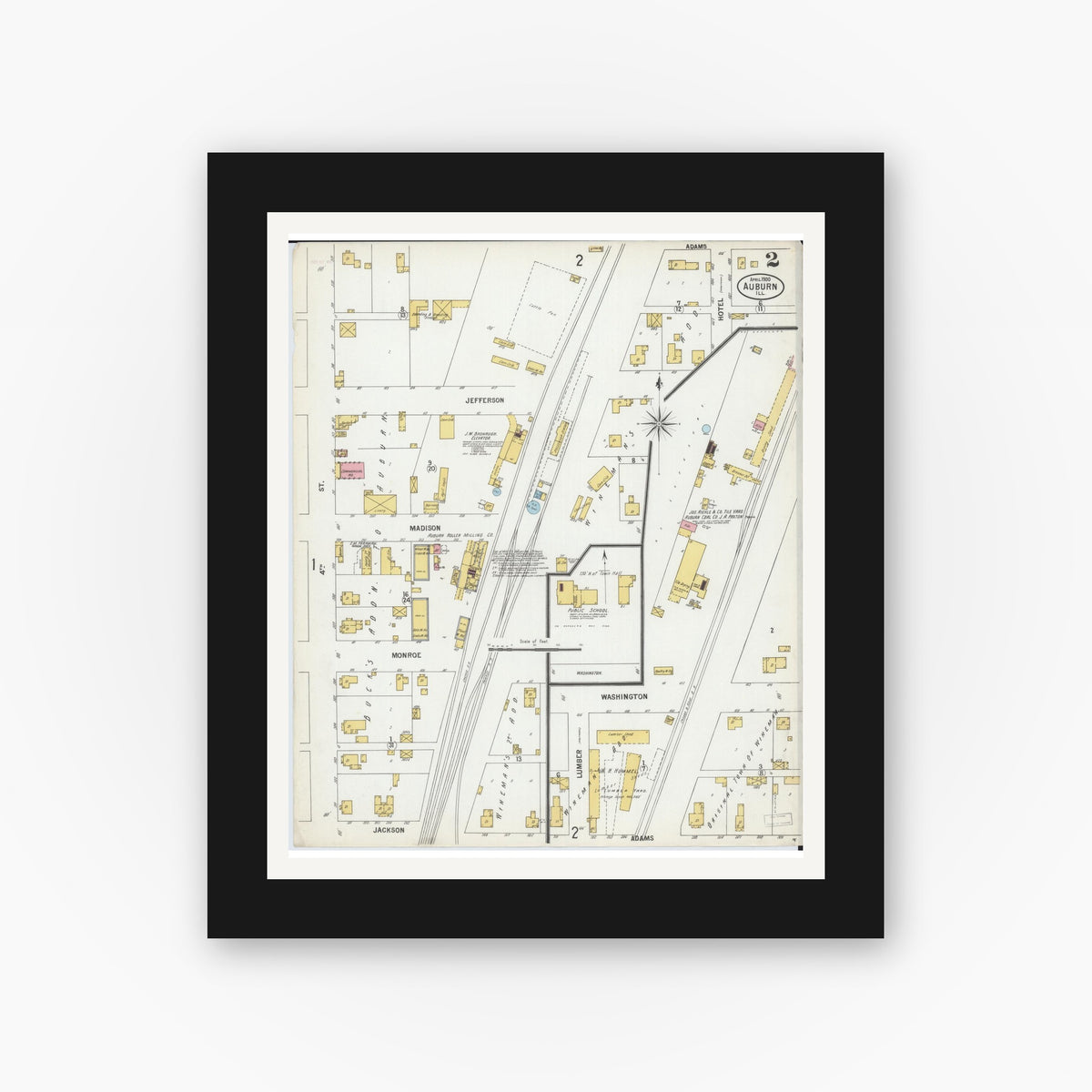 Old map wall art mockup — black gallery frame with white mat — Sanborn Fire Insurance Map from Auburn, Sangamon County, Illinois (1900), Sheet #0002