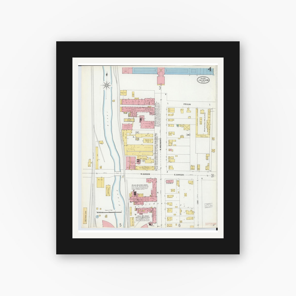 Old map wall art mockup — black gallery frame with white mat — Sanborn Fire Insurance Map from Jackson, Jackson County, Michigan (1899), Sheet #0004
